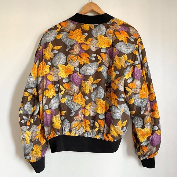 Vintage 100% Silk Bomber Black Jacket Fall Autumn Leaves Pattern S-L Unisex - Picture 9 of 12